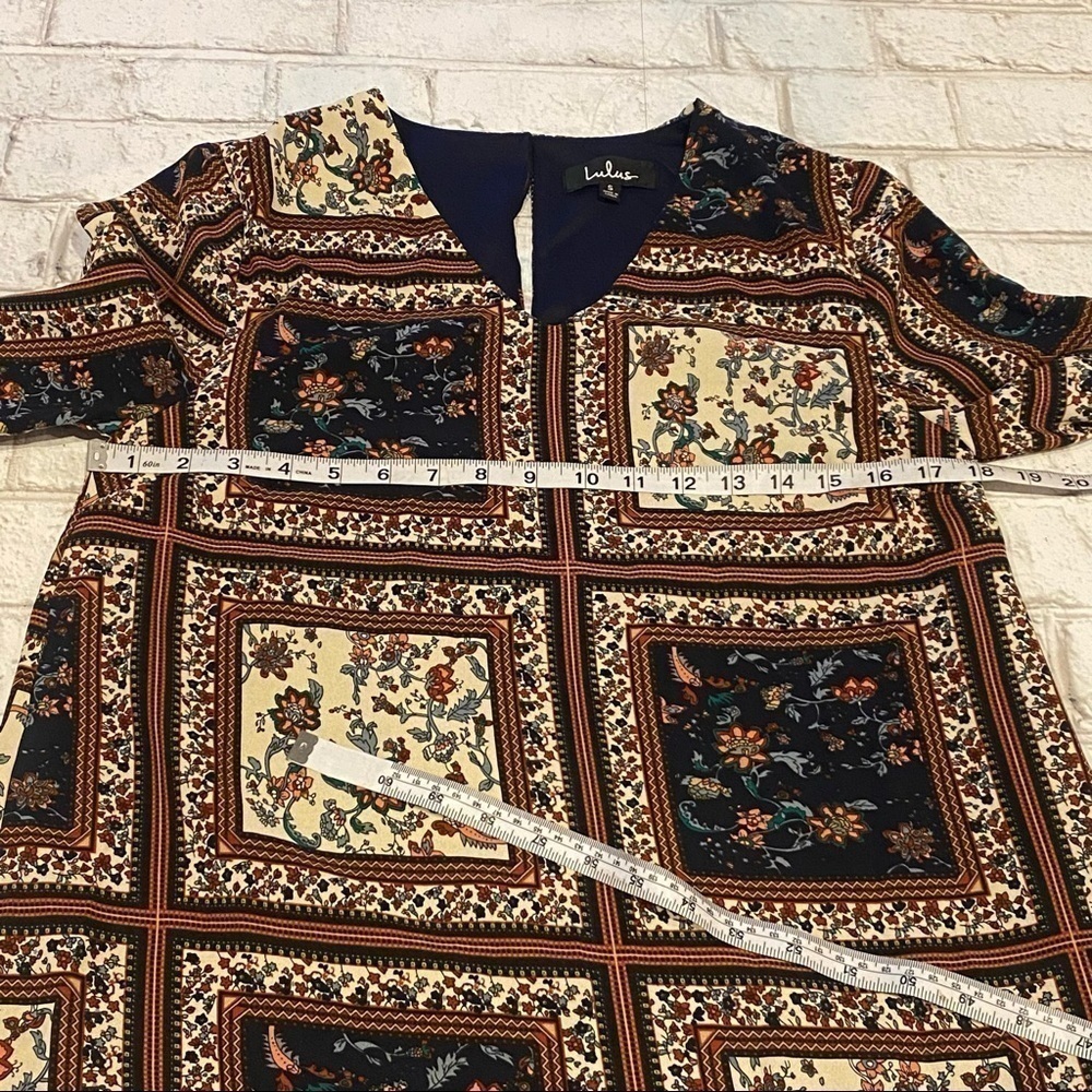 Lulus Mini Dress Bohemian Patterned Bell Sleeve Ruffle Hem - Picture 7 of 8